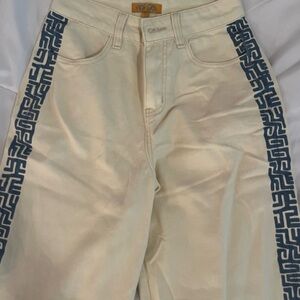 VRG GRL Cream Pants with Blue Pattern